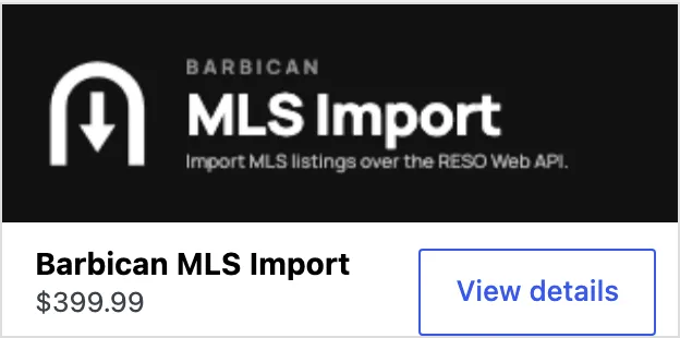 The Barbican MLS Import card on the Add-Ons screen, showing the price and a “View details” button.