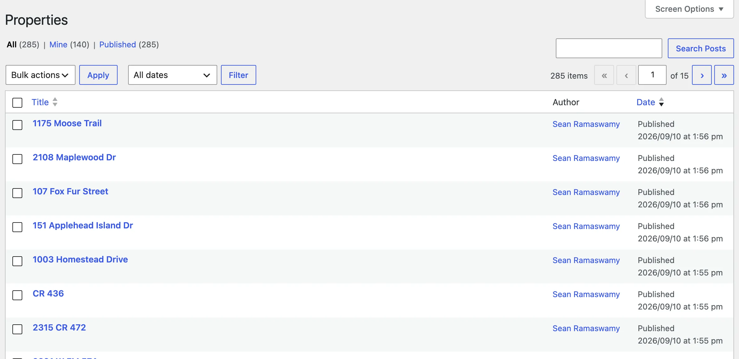 The Properties list under the Barbican admin menu, with every listing as its own post.