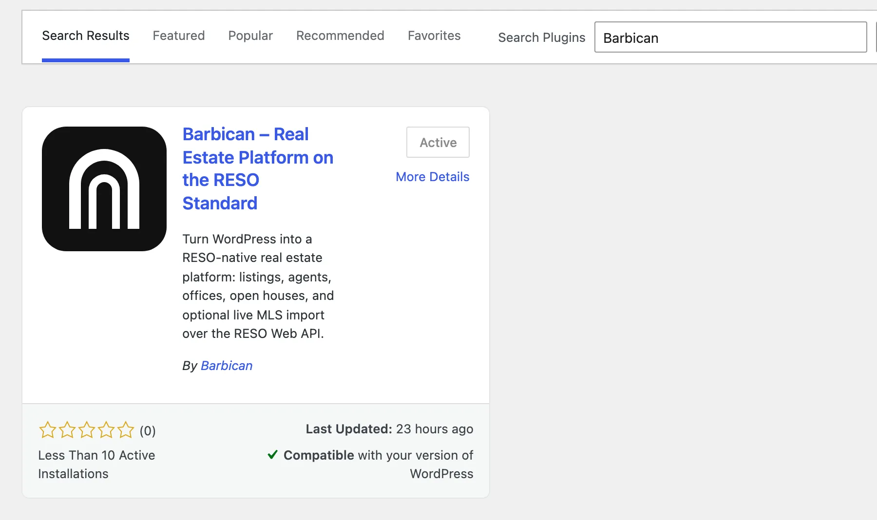 Searching for “Barbican” in the WordPress plugin directory, showing the Barbican result card.