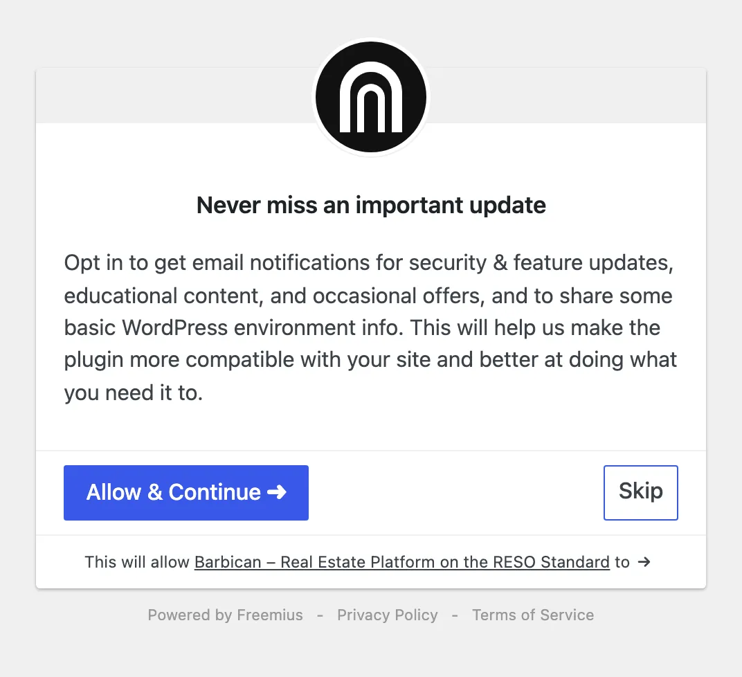 The Freemius opt-in screen shown after activating Barbican, with “Allow & Continue” and “Skip” buttons.