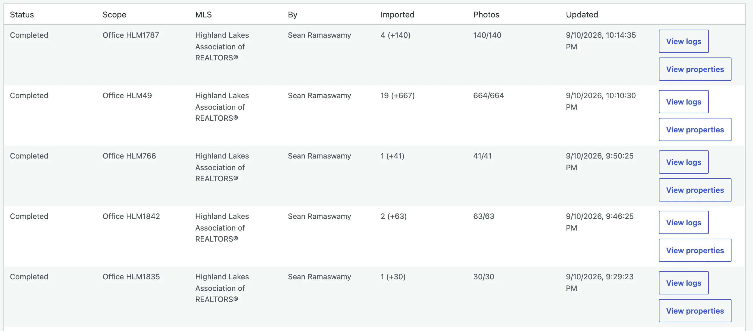 The Import jobs table: Status, Scope, MLS, who ran it, records imported, photos downloaded, and View logs / View properties buttons per run.