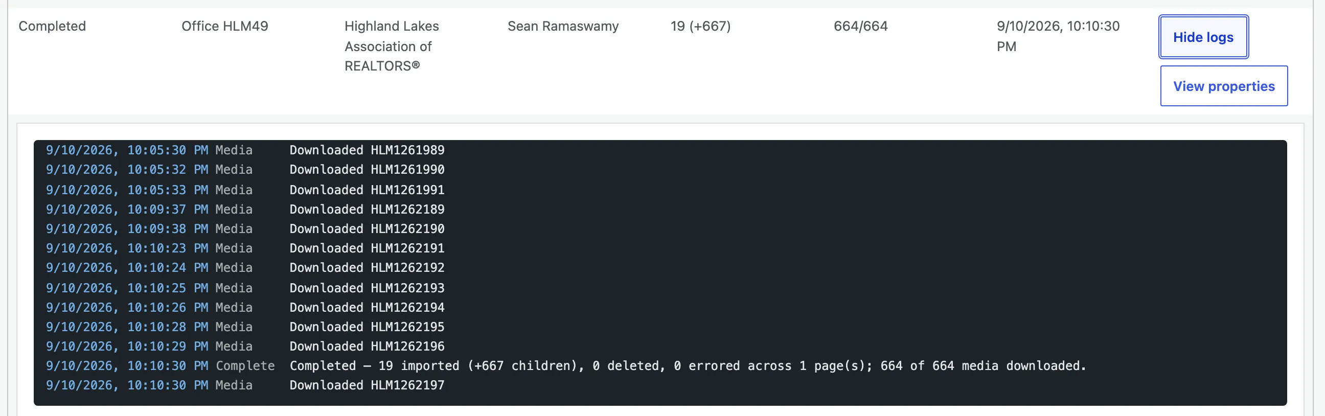 An import job row with its View logs panel expanded beneath it: a dark console of timestamped, phase-labelled lines ending in the Complete tally.