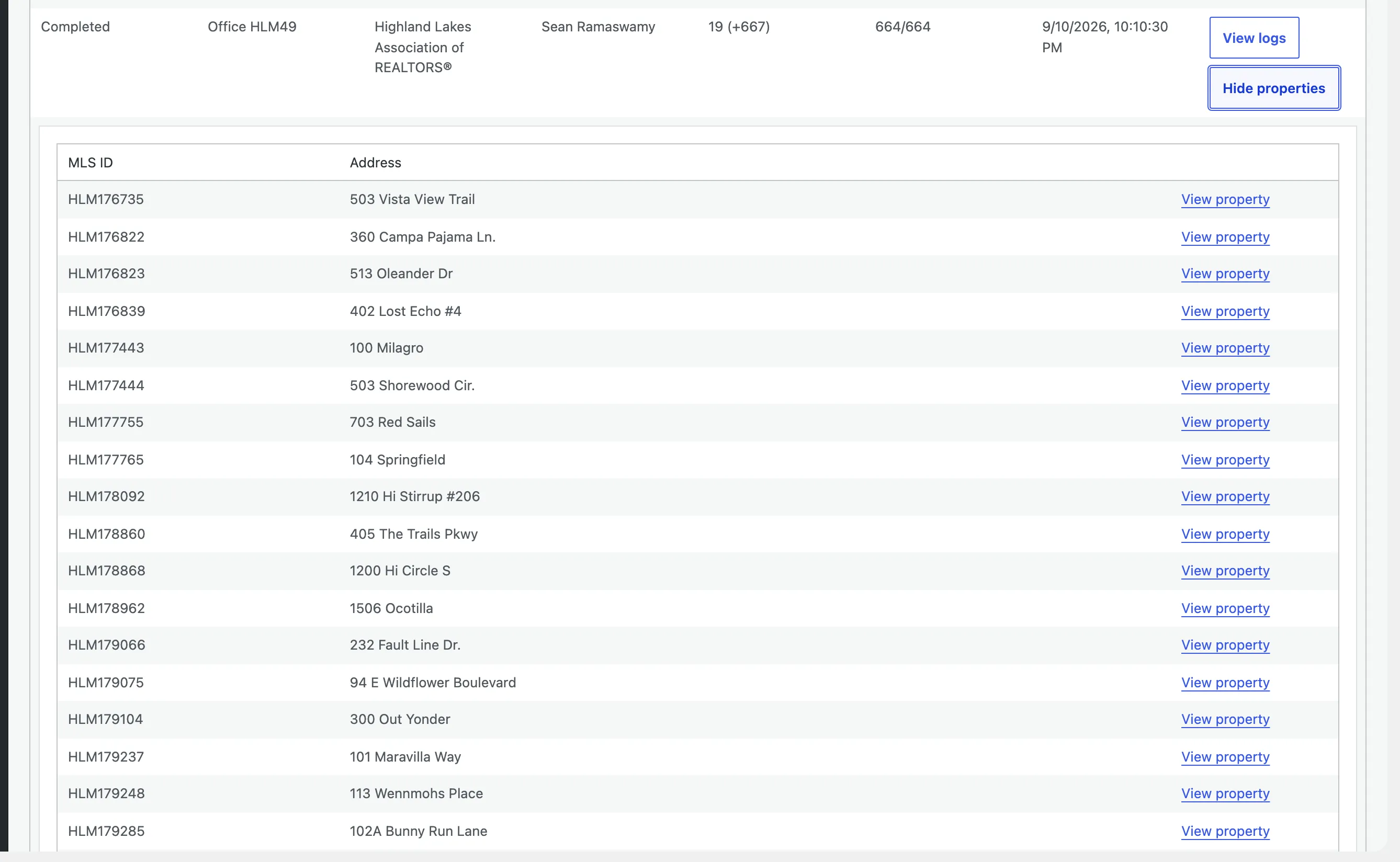 An import job row with its View properties panel expanded beneath it: a table of the imported listings, each with its MLS ID, address, and a View property link.