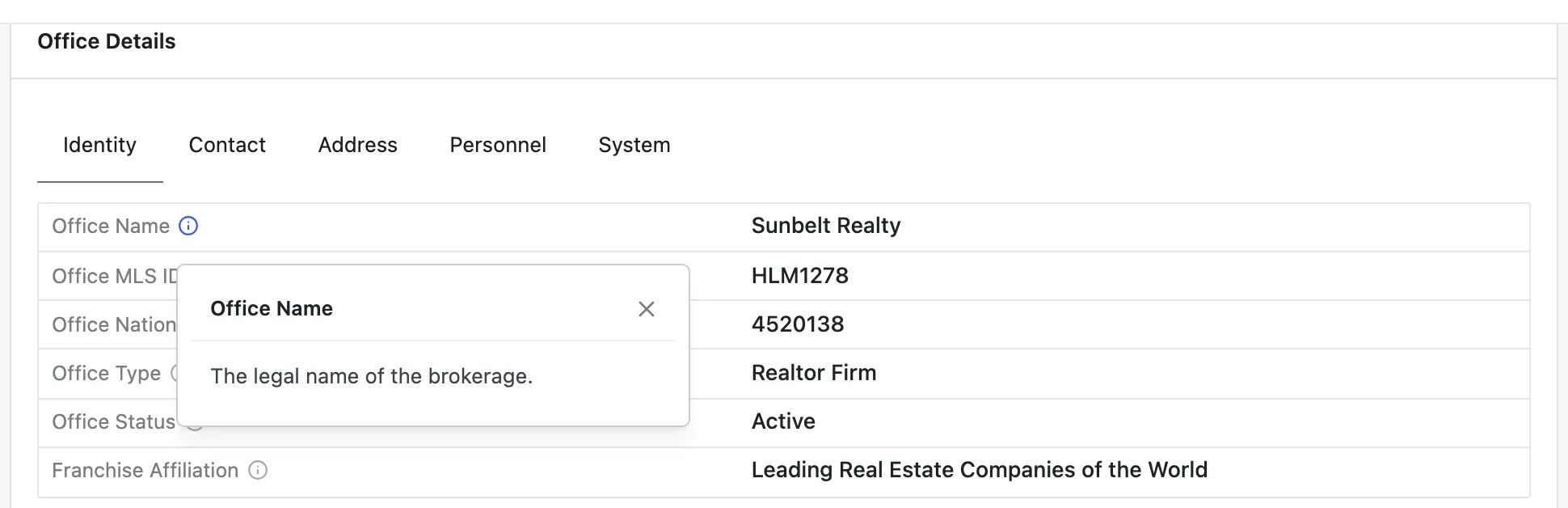 A field’s info tooltip open, showing the RESO Data Dictionary description.