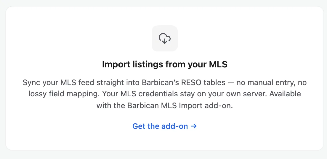 The MLS Import screen before the add-on is installed, an empty state describing the feature with a “Get the add-on” link.
