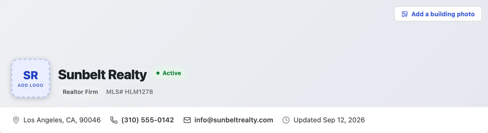 The Office page masthead, showing the logo, office name, type, Active status, MLS ID, address, phone, and email.