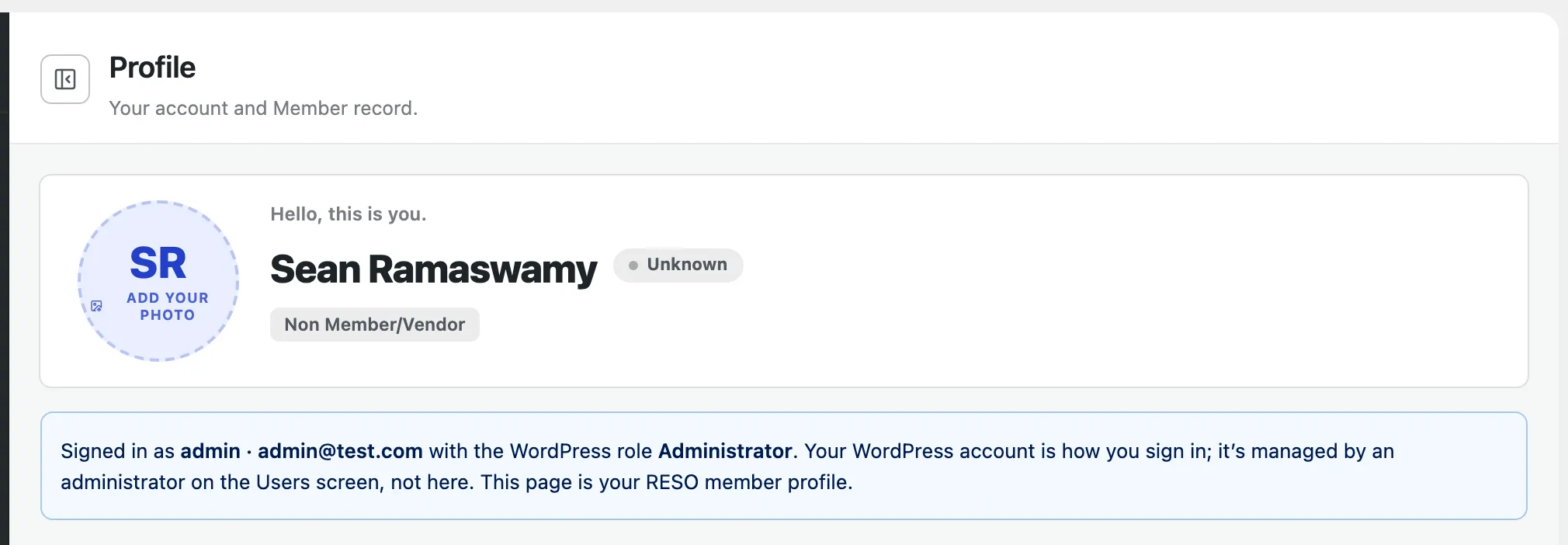 The Profile page header, the “Hello, this is you” member card, and the account notice naming your WordPress username, sign-in email, and role.