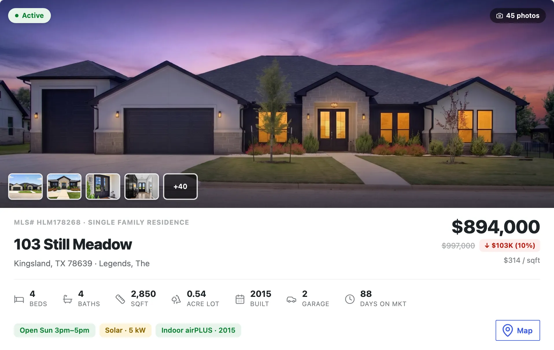 The Property hero: photo gallery, price with a price-drop, key stats, and highlight badges.