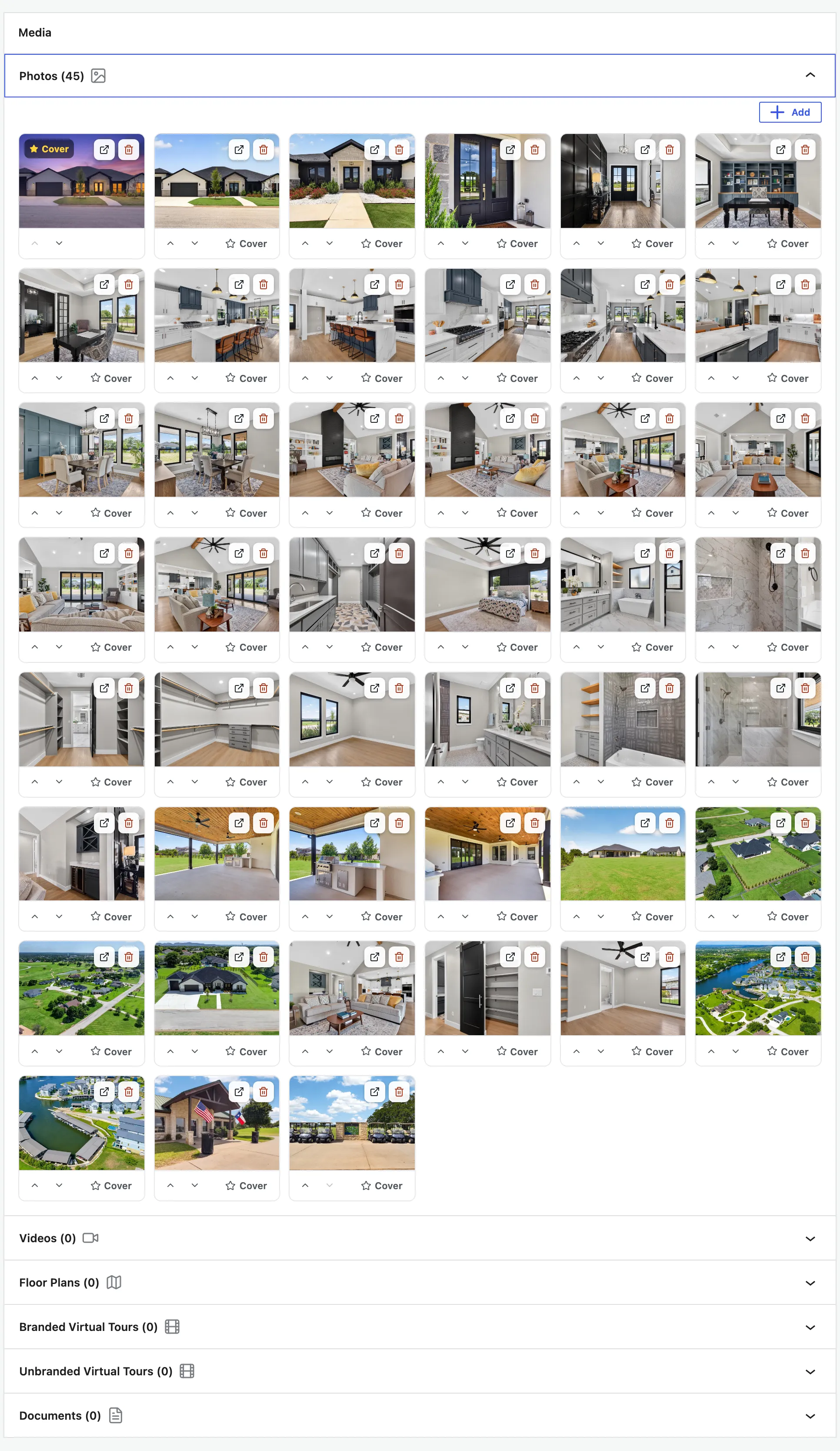 The Media band: the photo grid with cover/reorder controls, and the other media categories.